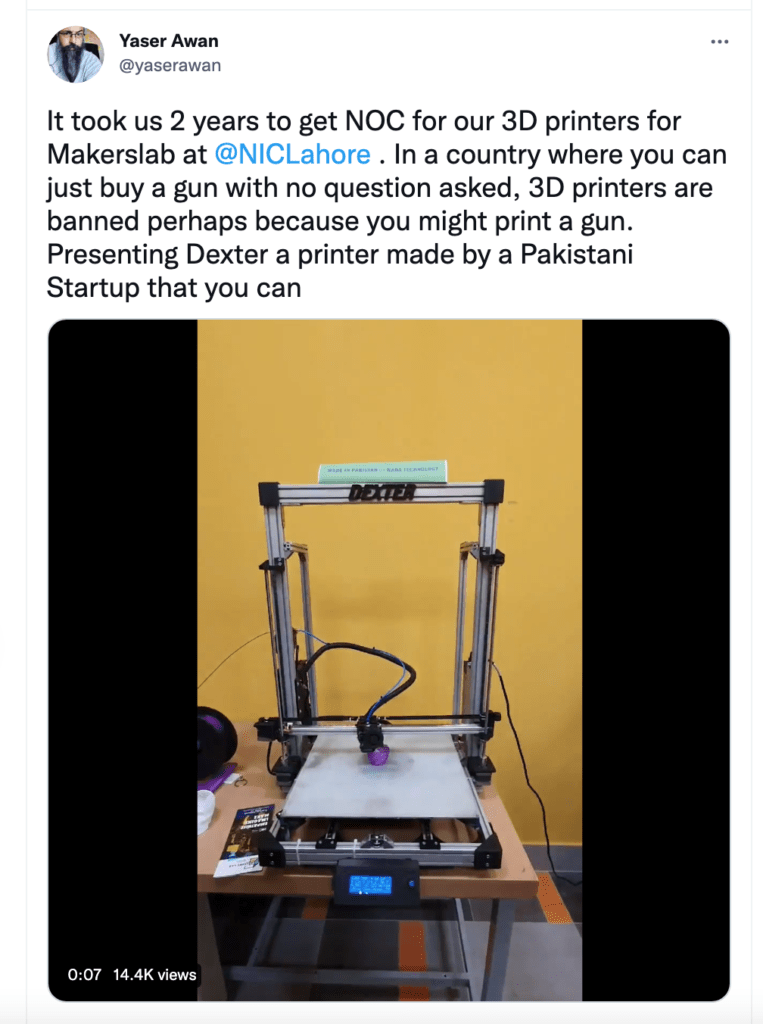 Tweet Discussing How Long It Takes To Get NOC For 3D Printers In Pakistan