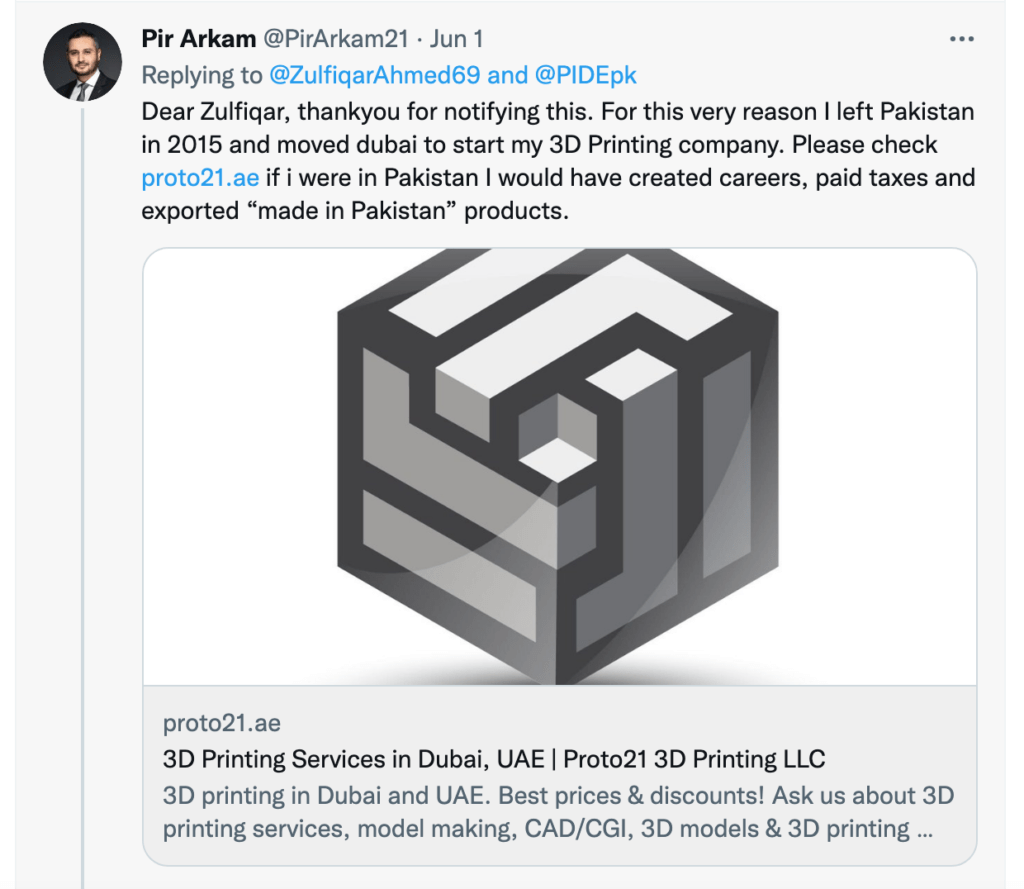 Tweet Sharing: Left Pakistan To Start 3D Printing Business