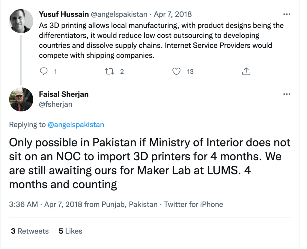 Tweet On Pakistan Ministry To Take Actions On NOC to Import 3D Printers